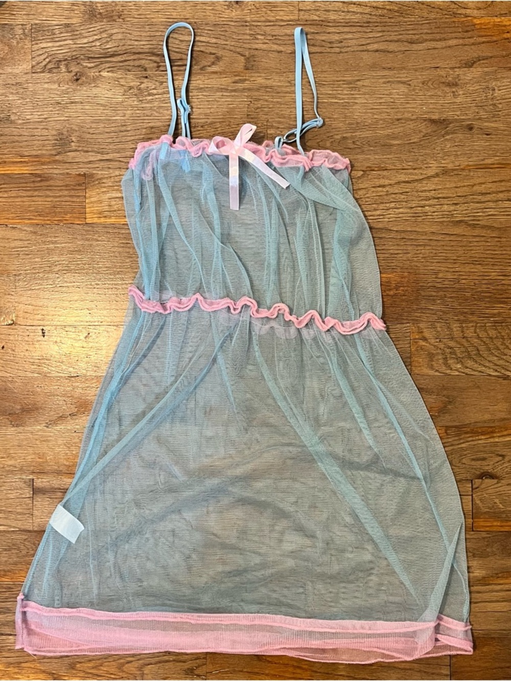 See Through Sheer Blue Mesh Babydoll Lingerie with Pink Trim Dress Womens
